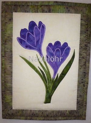 Krokus fertig genäht, 3 Stück Batik Wandbilder Lila, Gelb, Magenta 27 x 37 cm 